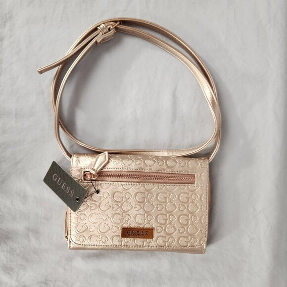 NWT Guess Dahlia Rose Gold Logo Crossbody Bag Purse Formal Glitz Pink Zip Close - Picture 1 of 6